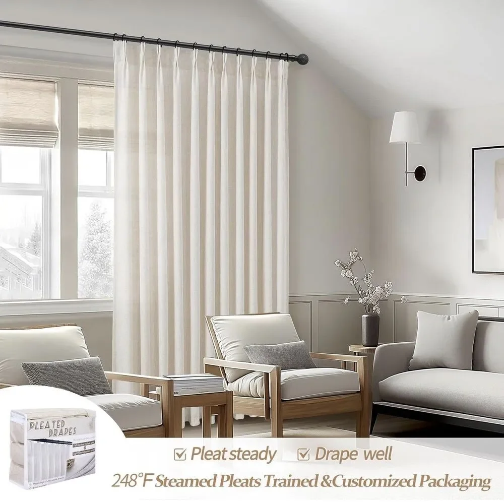 Light Beige 60x96 Inch Linen Patio Curtains, 2 Panel Set for Sliding Doors